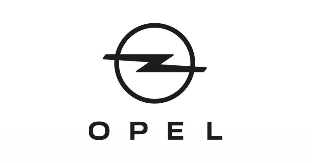 Svartvit logotyp för Opel med bokstäverna OPEL under cirkeln med blixten