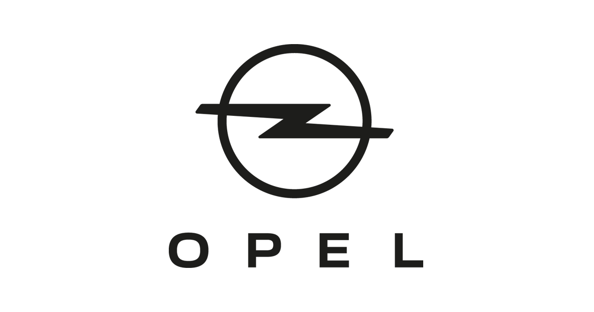 Svartvit logotyp för Opel med bokstäverna OPEL under cirkeln med blixten